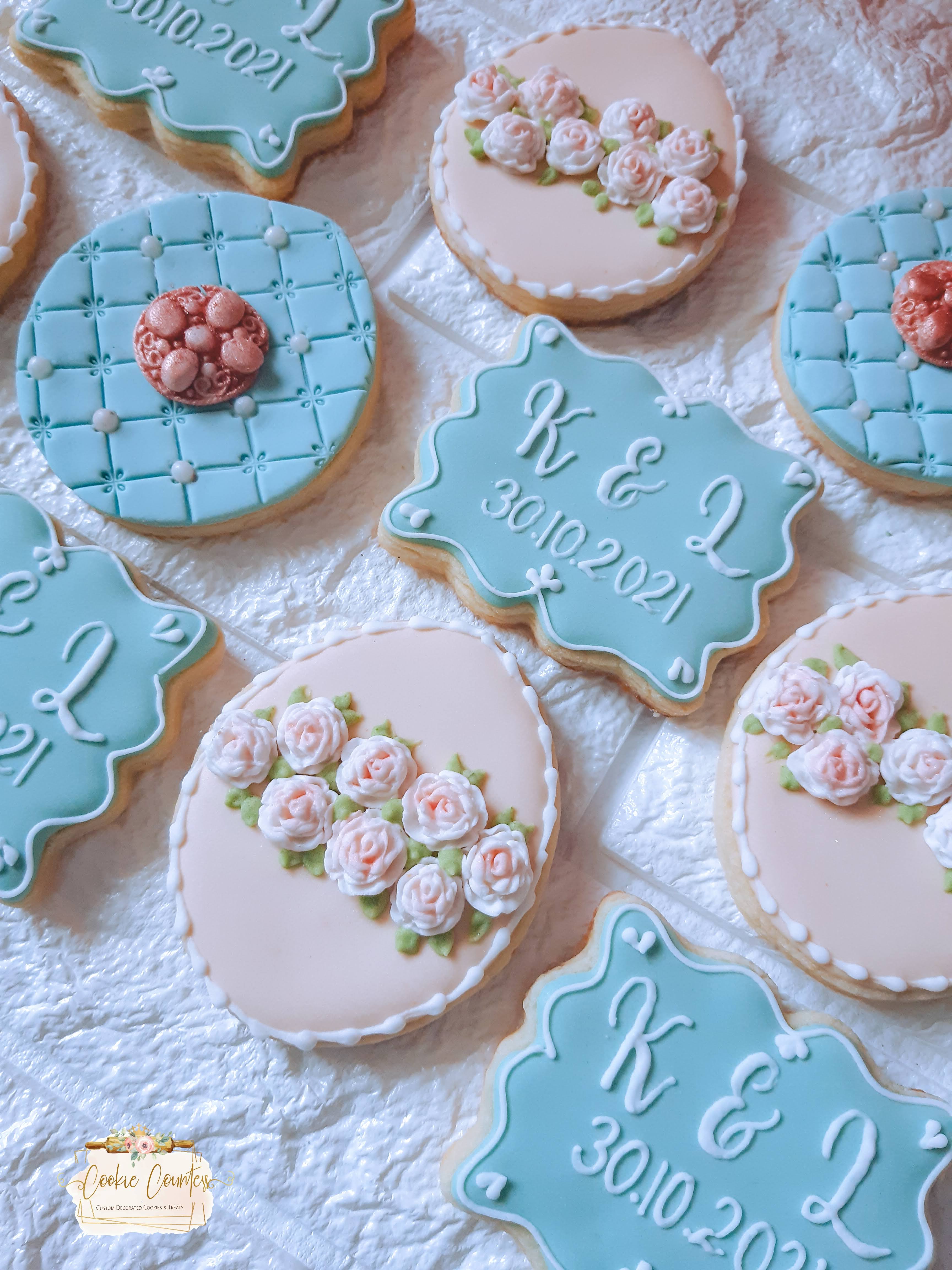 Blue wedding cookies with florals